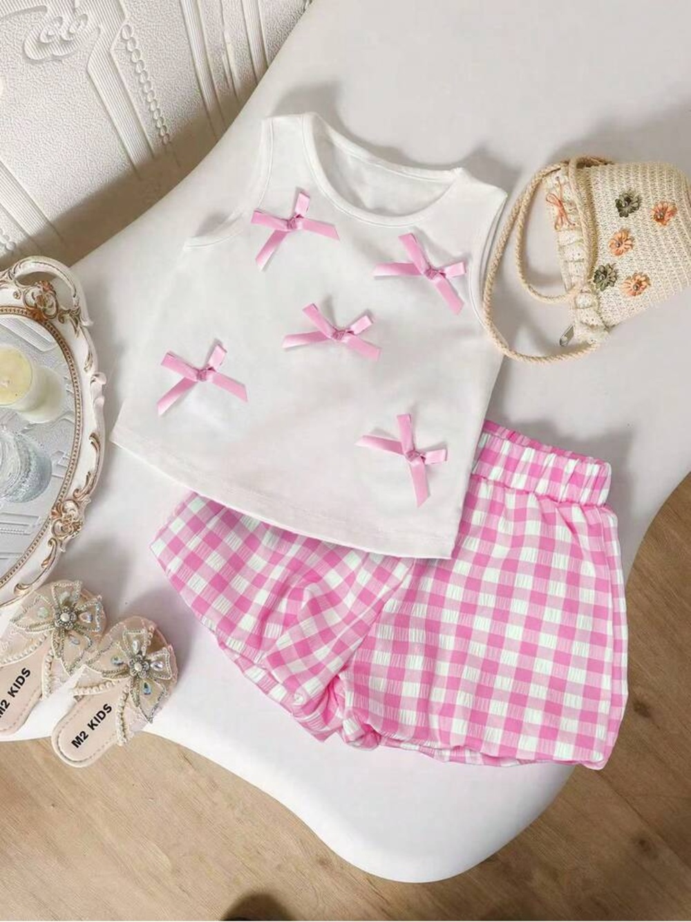 White Tank Top with Pink Bow Accents + Pink Gingham Shorts Set